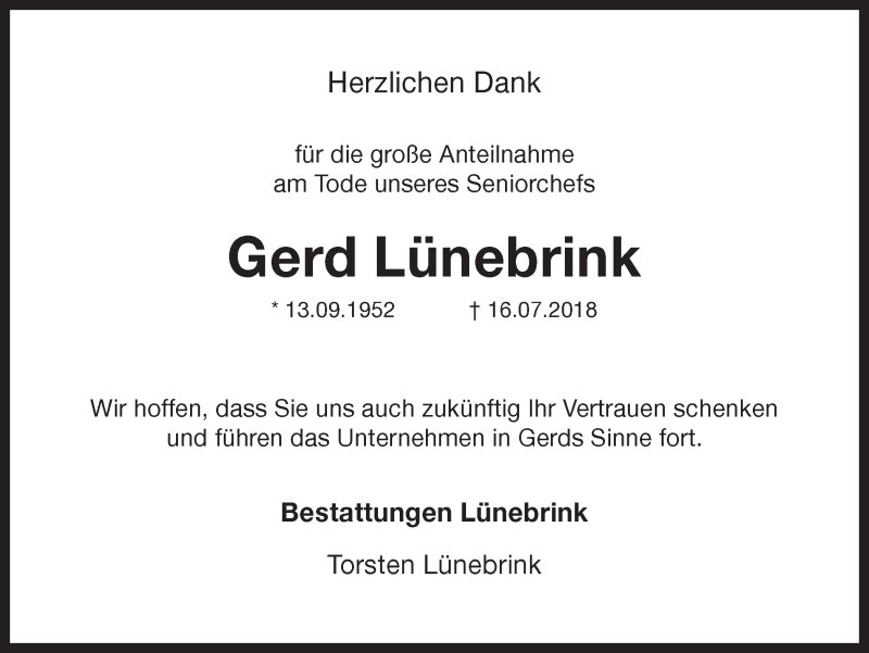  Traueranzeige für Gerd Lünebrink vom 28.07.2018 aus Ruhr Nachrichten