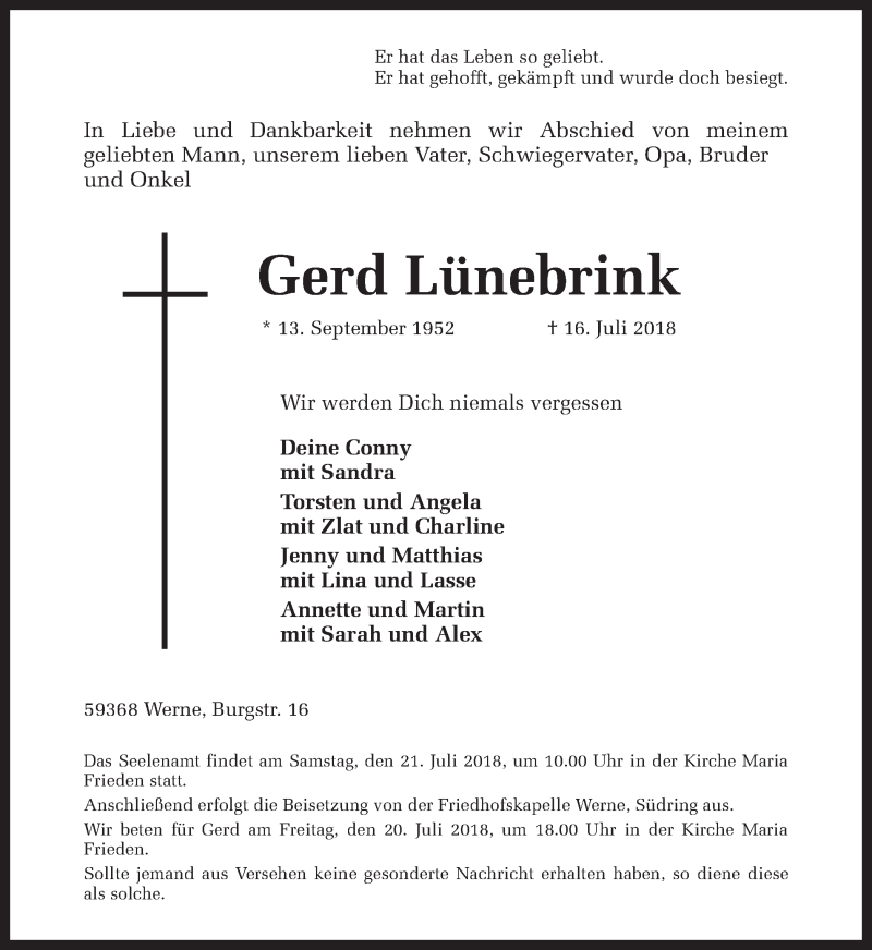  Traueranzeige für Gerd Lünebrink vom 18.07.2018 aus Ruhr Nachrichten
