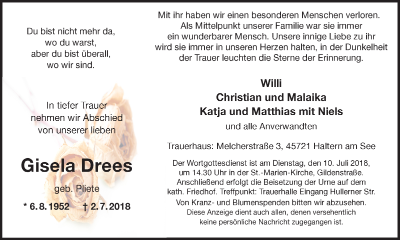  Traueranzeige für Gisela Drees vom 05.07.2018 aus Ruhr Nachrichten und Halterner Zeitung