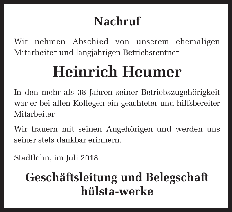  Traueranzeige für Heinrich Heumer vom 20.07.2018 aus Münstersche Zeitung und Münsterland Zeitung