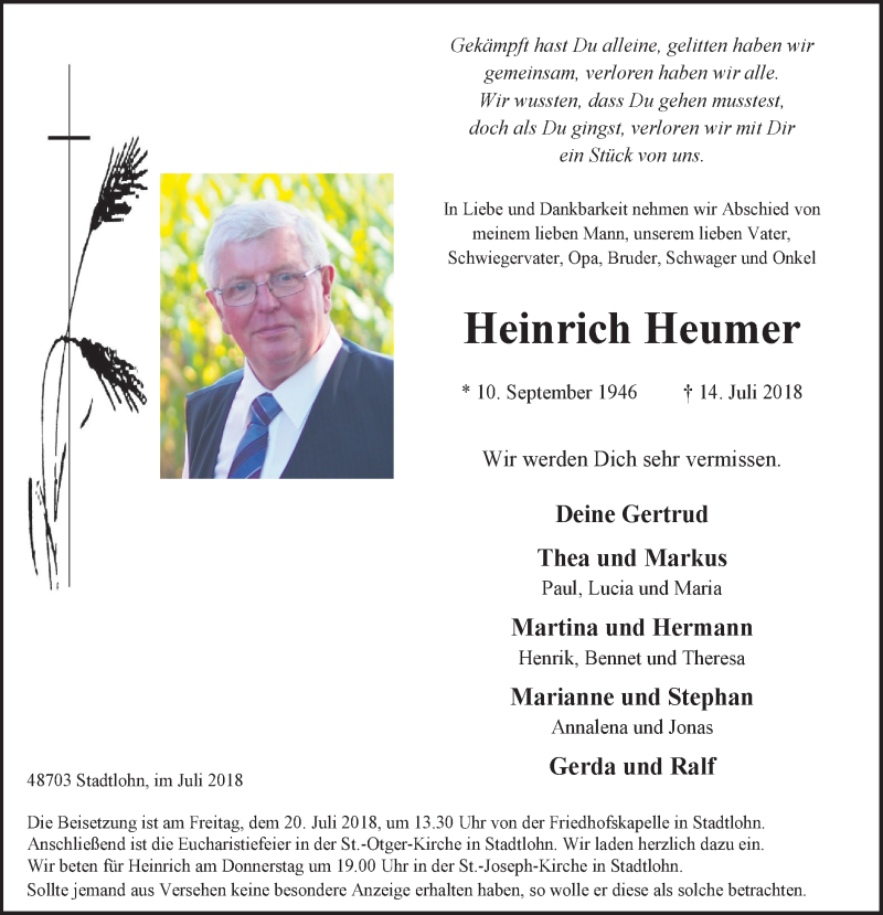  Traueranzeige für Heinrich Heumer vom 17.07.2018 aus Münstersche Zeitung und Münsterland Zeitung