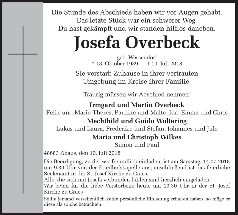  Traueranzeige für Josefa Overbeck vom 12.07.2018 aus Münstersche Zeitung und Münsterland Zeitung