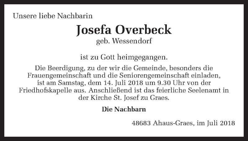  Traueranzeige für Josefa Overbeck vom 13.07.2018 aus Münstersche Zeitung und Münsterland Zeitung