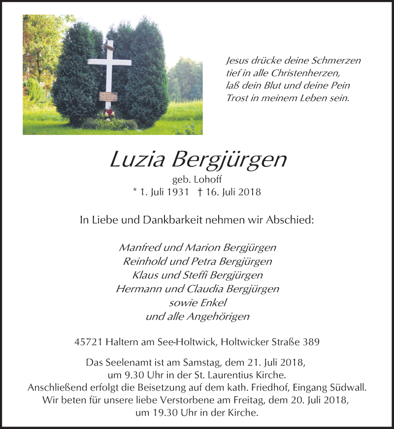  Traueranzeige für Luzia Bergjürgen vom 18.07.2018 aus Ruhr Nachrichten und Halterner Zeitung