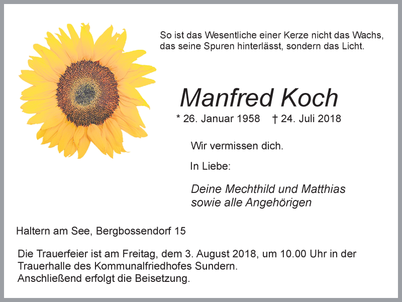  Traueranzeige für Manfred Koch vom 31.07.2018 aus Ruhr Nachrichten und Halterner Zeitung