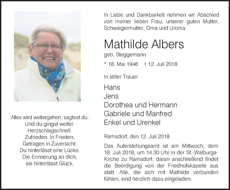  Traueranzeige für Mathilde Albers vom 16.07.2018 aus Münstersche Zeitung und Münsterland Zeitung