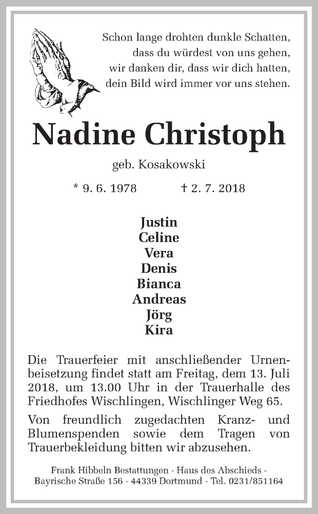  Traueranzeige für Nadine Christoph vom 11.07.2018 aus Ruhr Nachrichten