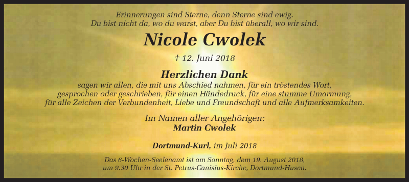  Traueranzeige für Nicole Cwolek vom 07.07.2018 aus Ruhr Nachrichten