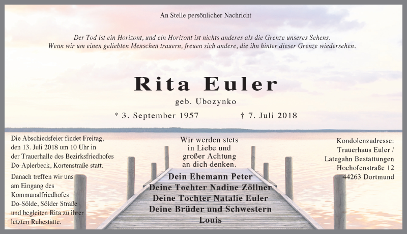  Traueranzeige für Rita Euler vom 11.07.2018 aus Ruhr Nachrichten