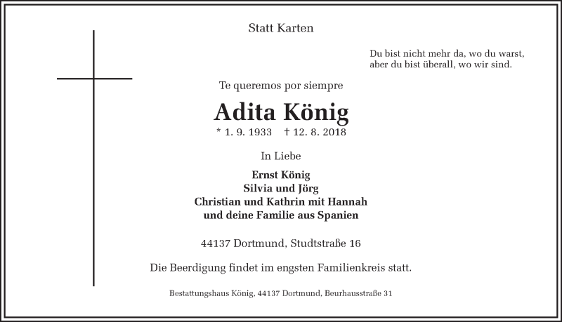  Traueranzeige für Adita König vom 15.08.2018 aus Ruhr Nachrichten