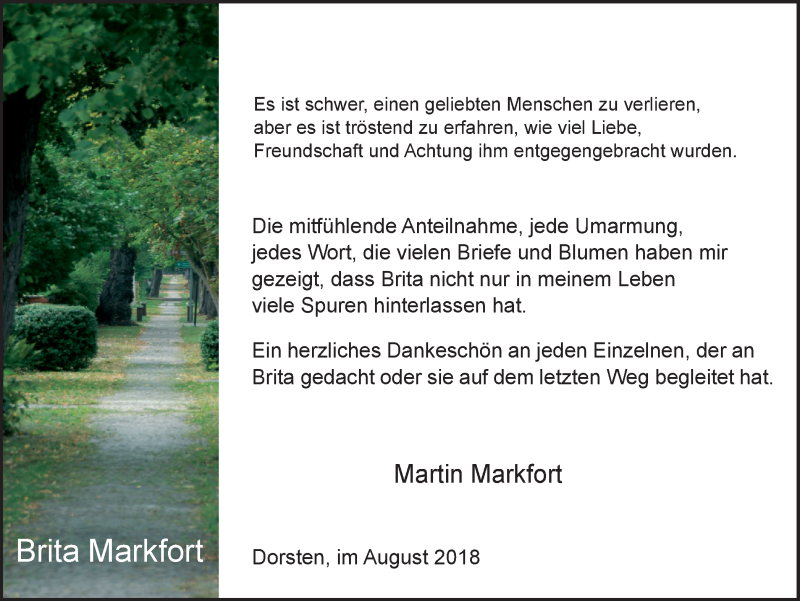  Traueranzeige für Brita Markfort vom 14.08.2018 aus Ruhr Nachrichten und Dorstener Zeitung