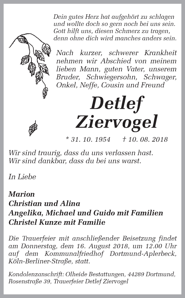  Traueranzeige für Detlef Ziervogel vom 14.08.2018 aus Ruhr Nachrichten