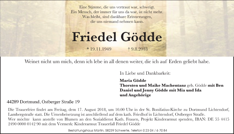  Traueranzeige für Friedel Gödde vom 13.08.2018 aus Ruhr Nachrichten