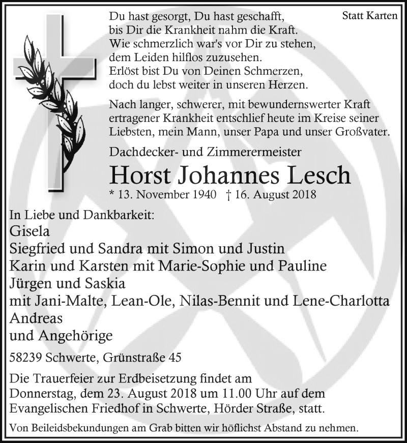  Traueranzeige für Horst Johannes Lesch vom 18.08.2018 aus Ruhr Nachrichten