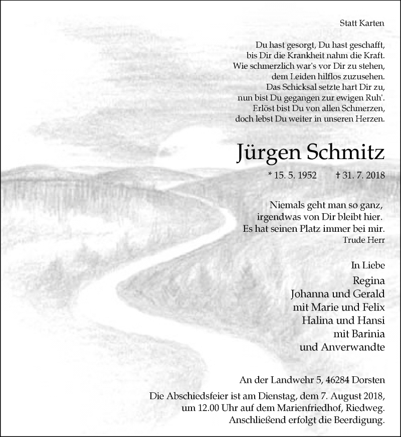  Traueranzeige für Jürgen Schmitz vom 03.08.2018 aus Ruhr Nachrichten und Dorstener Zeitung