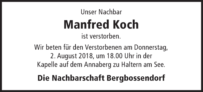  Traueranzeige für Manfred Koch vom 01.08.2018 aus Ruhr Nachrichten und Halterner Zeitung
