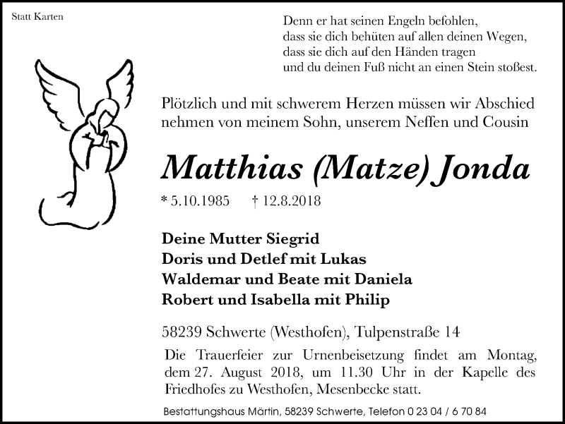  Traueranzeige für Matthias Jonda vom 15.08.2018 aus Ruhr Nachrichten