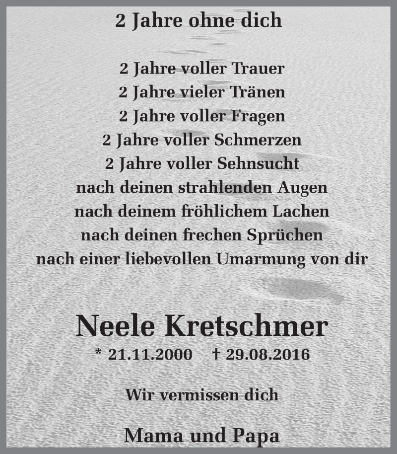 Traueranzeige für Neele Kretschmer vom 29.08.2018 aus Ruhr Nachrichten und Dorstener Zeitung