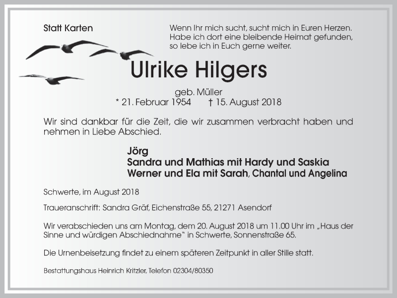  Traueranzeige für Ulrike Hilgers vom 17.08.2018 aus Ruhr Nachrichten