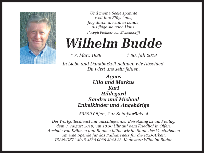  Traueranzeige für Wilhelm Budde vom 01.08.2018 aus Ruhr Nachrichten