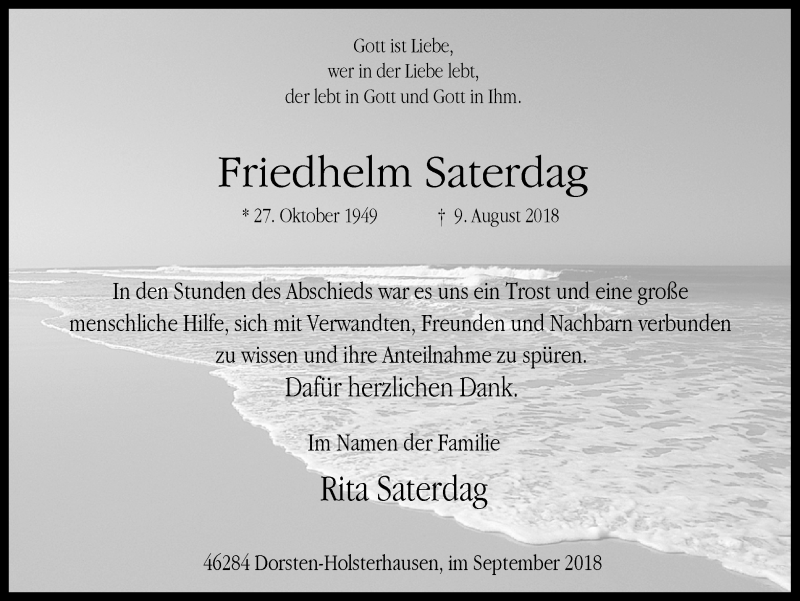  Traueranzeige für Friedhelm Saterdag vom 08.09.2018 aus Ruhr Nachrichten und Dorstener Zeitung