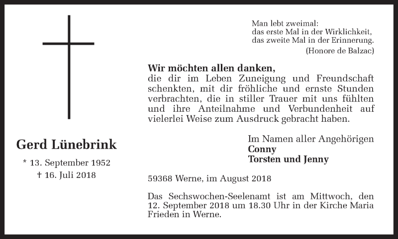  Traueranzeige für Gerd Lünebrink vom 08.09.2018 aus Ruhr Nachrichten