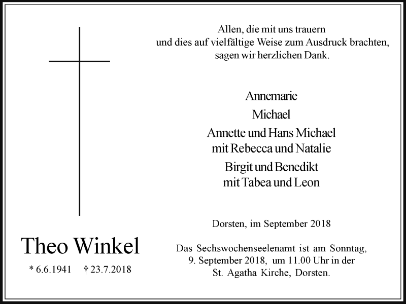  Traueranzeige für Theo Winkel vom 05.09.2018 aus Ruhr Nachrichten und Dorstener Zeitung