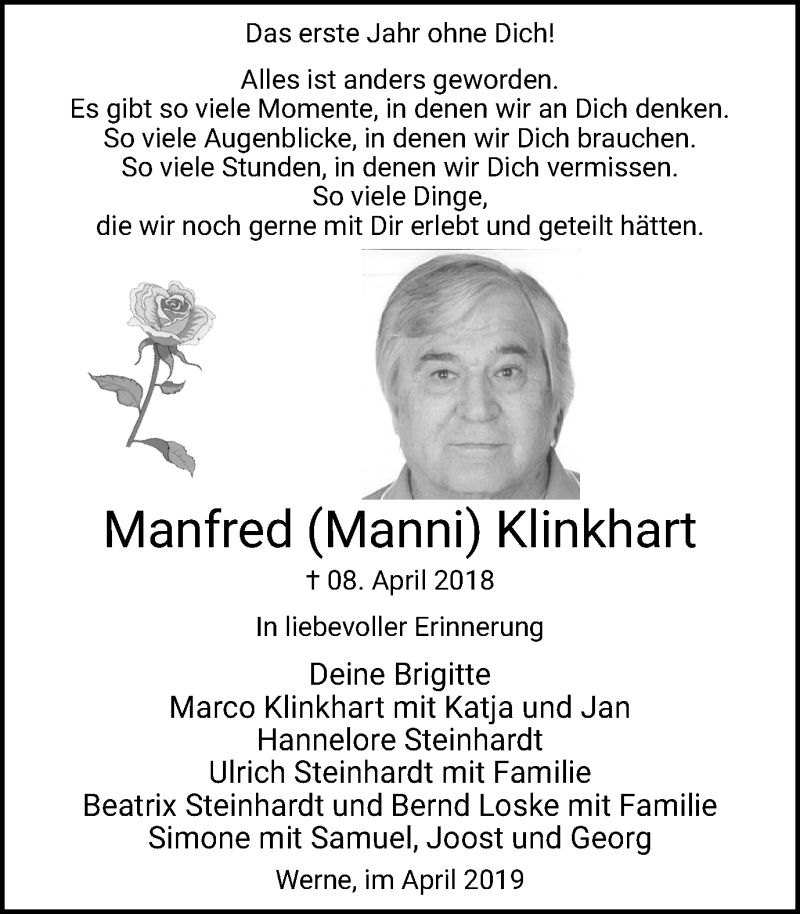 Traueranzeige für Manfred Klinkhart vom 08.04.2019 aus Ruhr Nachrichten