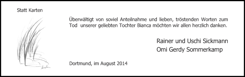  Traueranzeige für Bianca Sickmann vom 02.08.2014 aus Ruhr Nachrichten