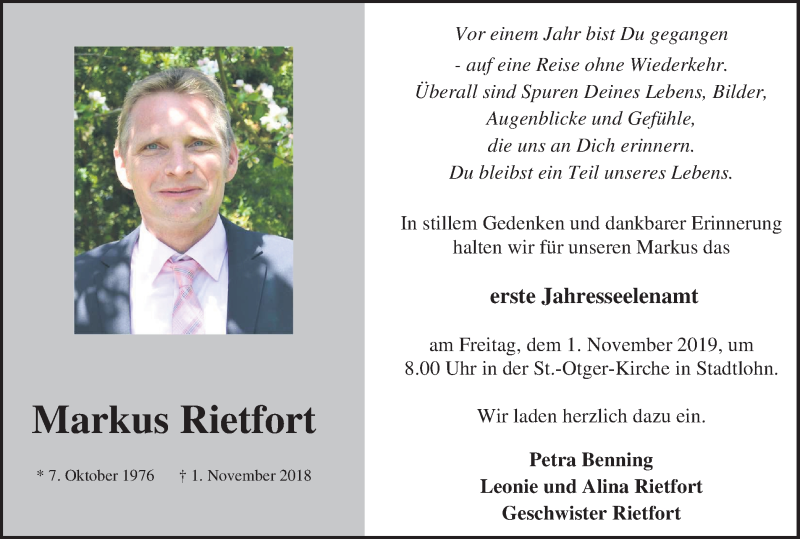  Traueranzeige für Markus Rietfort vom 26.10.2019 aus Münstersche Zeitung und Münsterland Zeitung