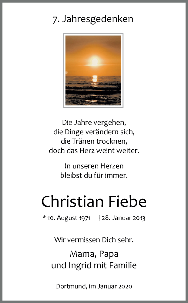  Traueranzeige für Christian Fiebe vom 28.01.2020 aus Ruhr Nachrichten