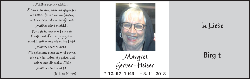  Traueranzeige für Margret Gerber-Heiser vom 31.10.2020 aus Ruhr Nachrichten