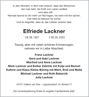 Traueranzeige von Elfriede Lackner von Ruhr Nachrichten und Halterner Zeitung