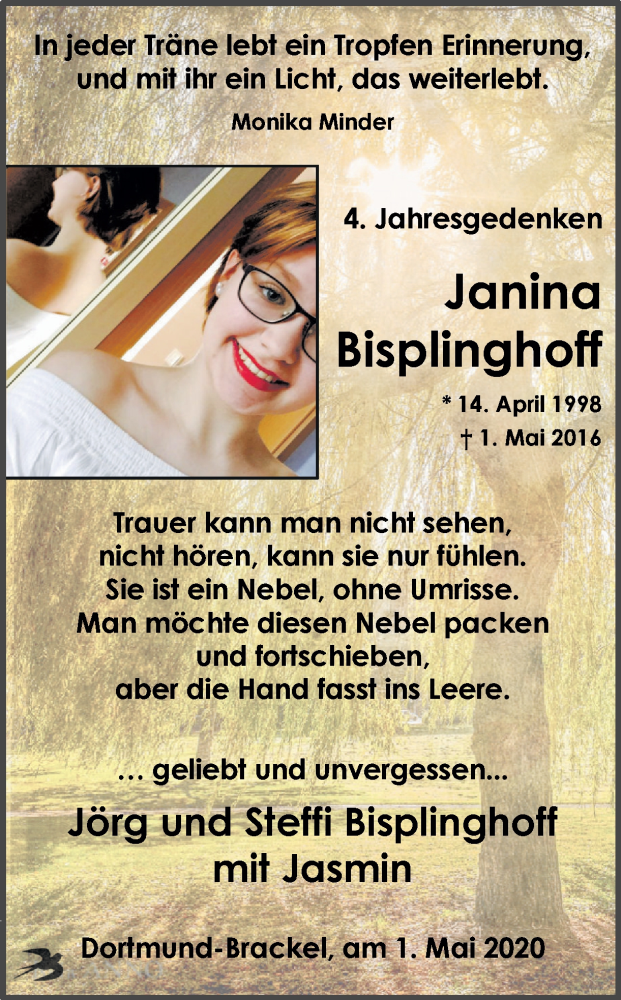  Traueranzeige für Janina Bisplinghoff vom 02.05.2020 aus Ruhr Nachrichten