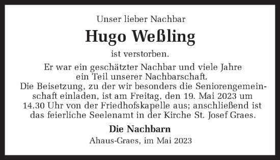 Traueranzeige von Hugo Weßling von Münstersche Zeitung und Münsterland Zeitung