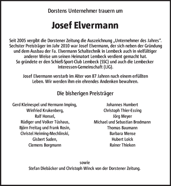 Traueranzeige von Josef Elvermann von Ruhr Nachrichten und Dorstener Zeitung