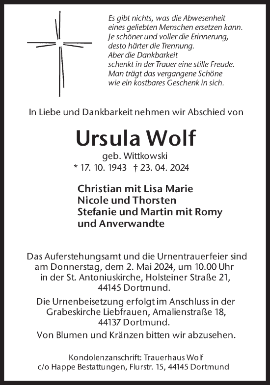 Traueranzeige von Ursula Wolf 