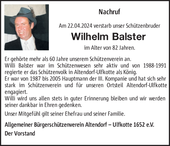 Traueranzeige von Wilhelm Balster von Ruhr Nachrichten und Dorstener Zeitung