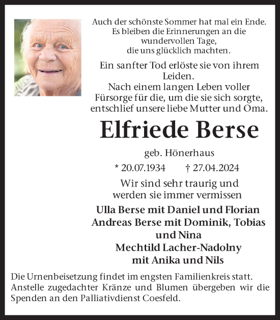 Traueranzeige von Elfriede Berse von Ruhr Nachrichten und Halterner Zeitung