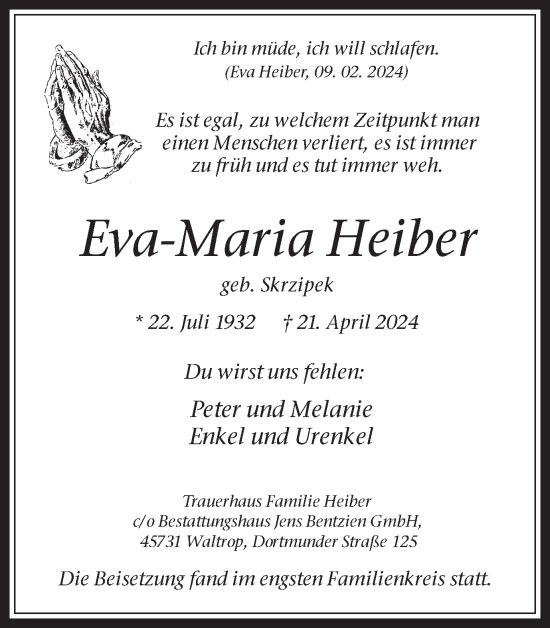 Traueranzeige von Eva-Maria Heiber von Ruhr Nachrichten und Halterner Zeitung