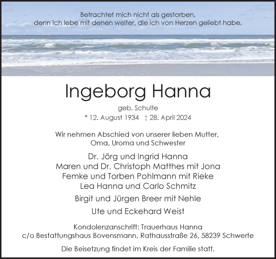 Traueranzeige von Ingeborg Hanna von Ruhr Nachrichten