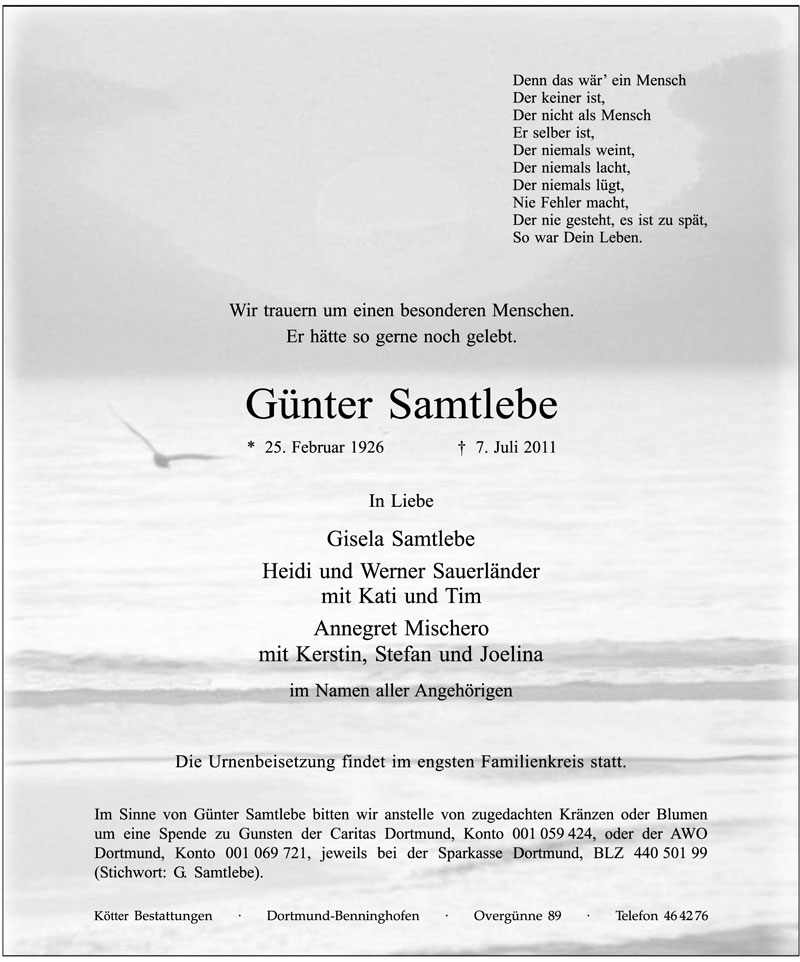  Traueranzeige für Günter Samtlebe vom 09.07.2011 aus 