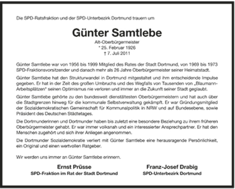  Traueranzeige für Günter Samtlebe vom 16.07.2011 aus 
