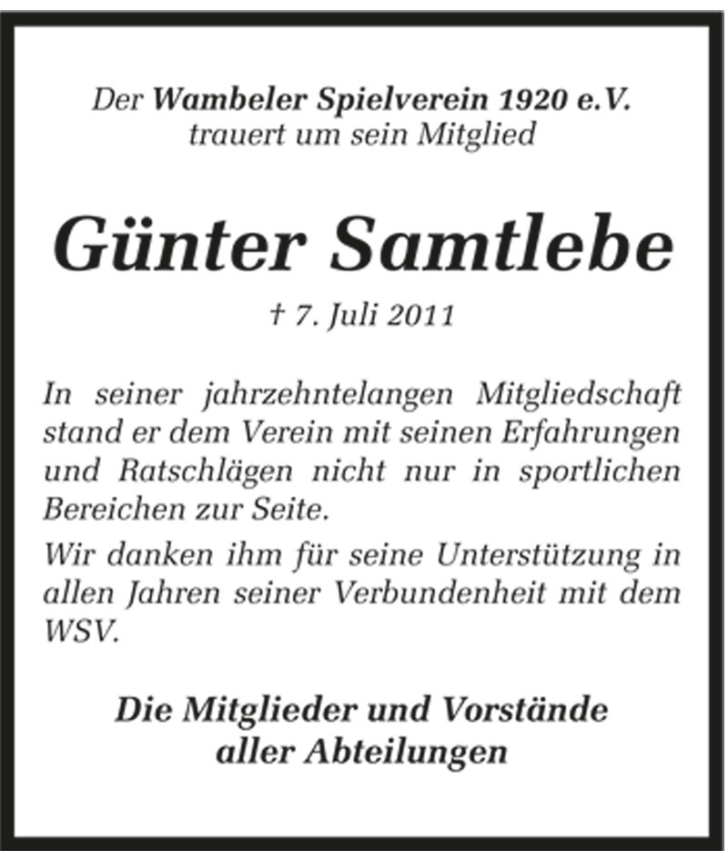  Traueranzeige für Günter Samtlebe vom 12.07.2011 aus 