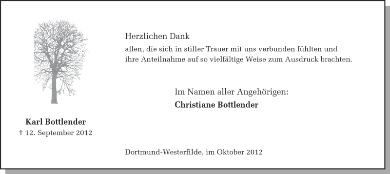  Traueranzeige für Karl Bottlender vom 13.10.2012 aus Ruhr Nachrichten