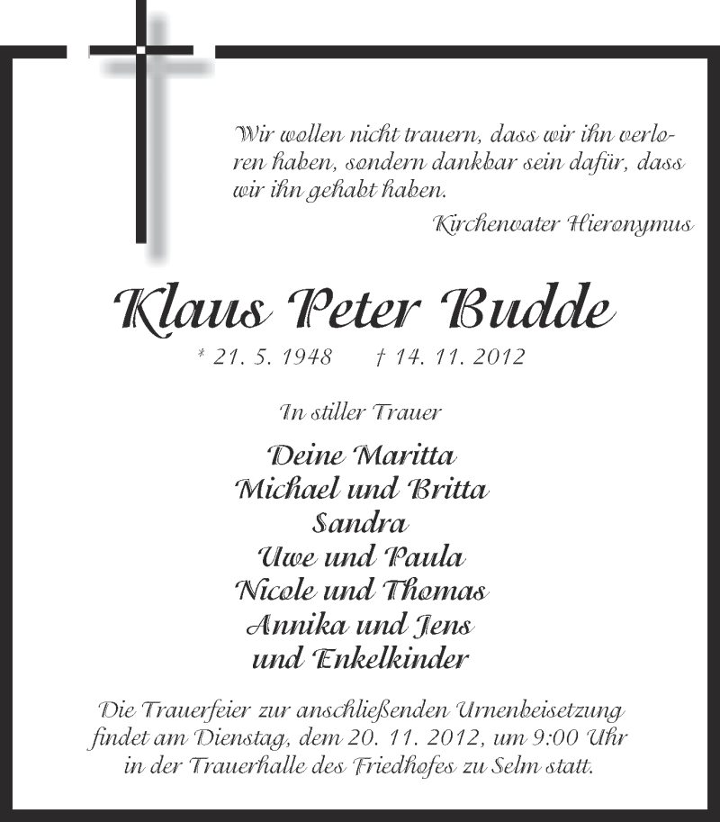  Traueranzeige für Klaus Peter Budde vom 17.11.2012 aus Ruhr Nachrichten