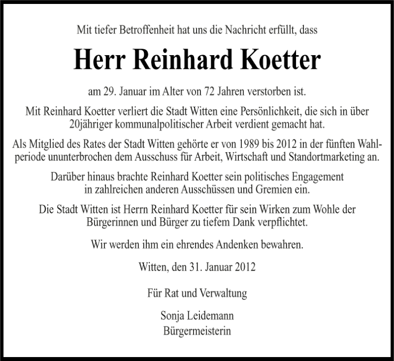  Traueranzeige für Reinhard Koetter vom 01.02.2012 aus 