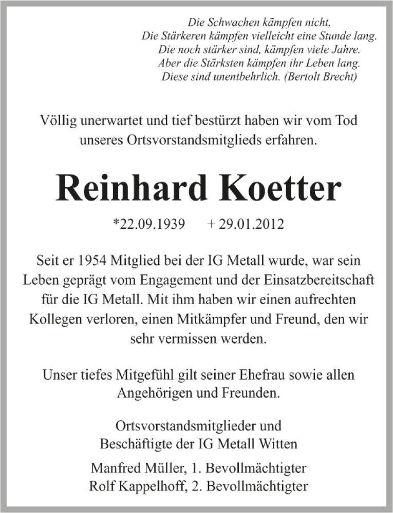  Traueranzeige für Reinhard Koetter vom 04.02.2012 aus 
