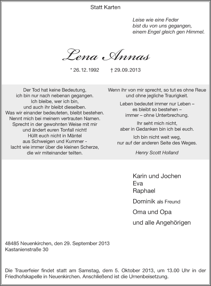  Traueranzeige für Lena Annas vom 03.10.2013 aus Münstersche Zeitung und Grevener Zeitung