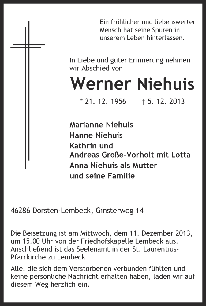  Traueranzeige für Werner Niehuis vom 09.12.2013 aus Ruhr Nachrichten und Dorstener Zeitung